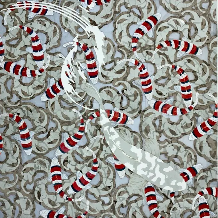 black, red and grey swirly patterns with striped fish