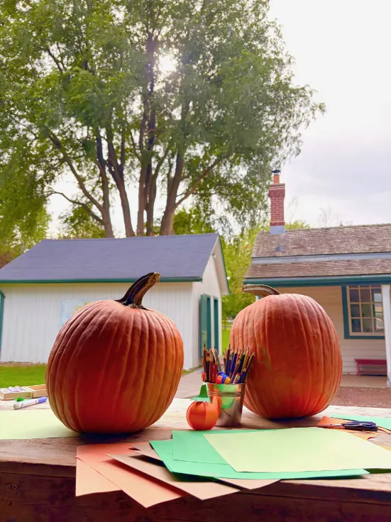 Two pumpkins in front of white houses