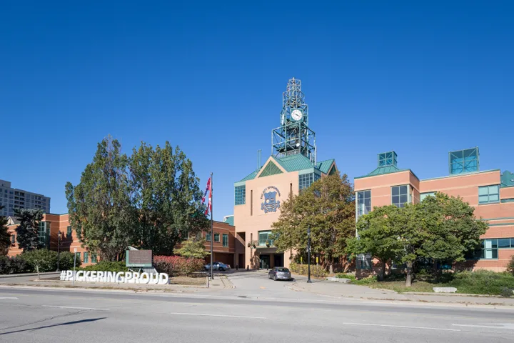Pickering City Hall from Glenanna Road, October 3, 2026. Indoor counters and entrances are not shown.
